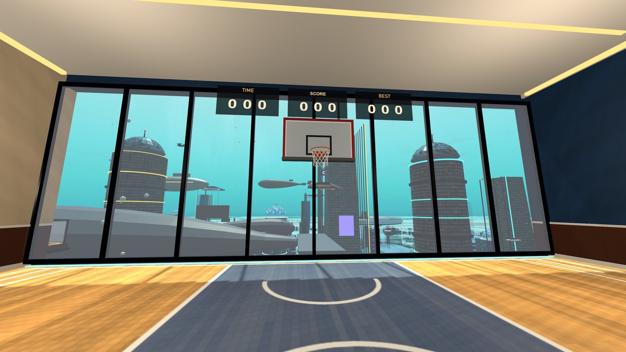 The basketball court and the hoop against the city