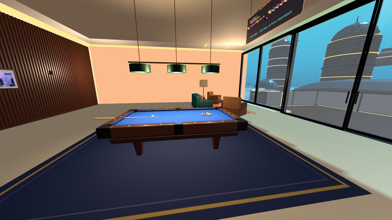 The pool table beside the glass wall